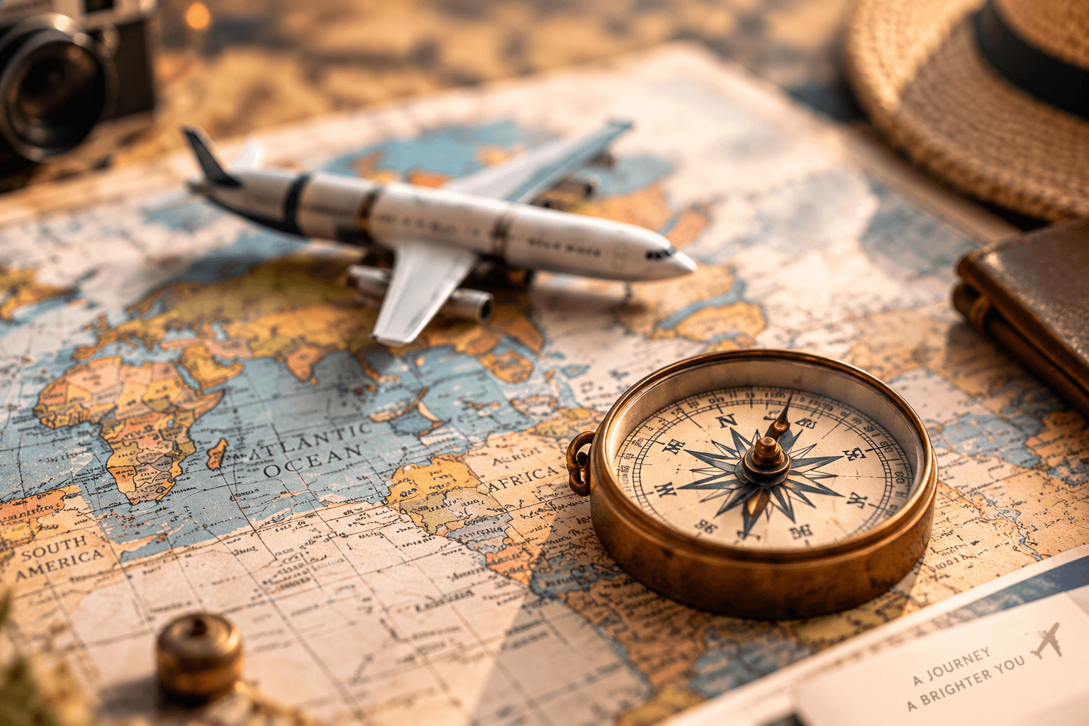 Travel map, airplane and compass